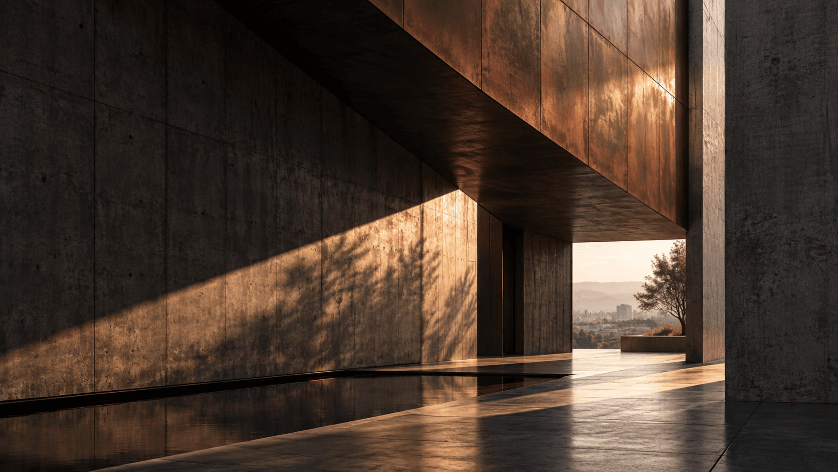 Contemporary concrete and copper architecture in natural light