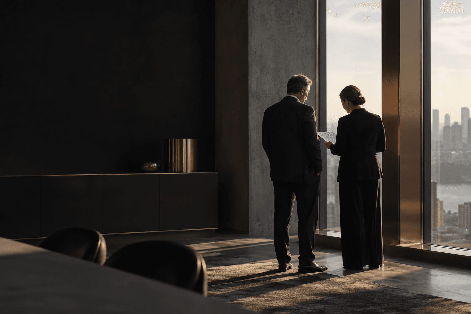 Two senior professionals reviewing a document beside an office window