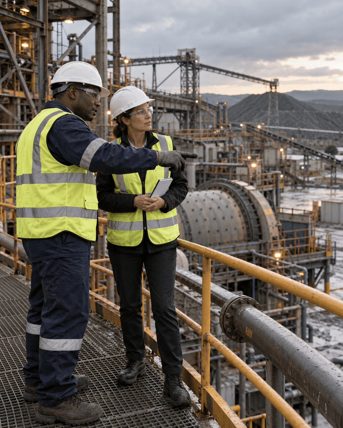 Two executives in protective equipment discuss operations at a mineral processing plant