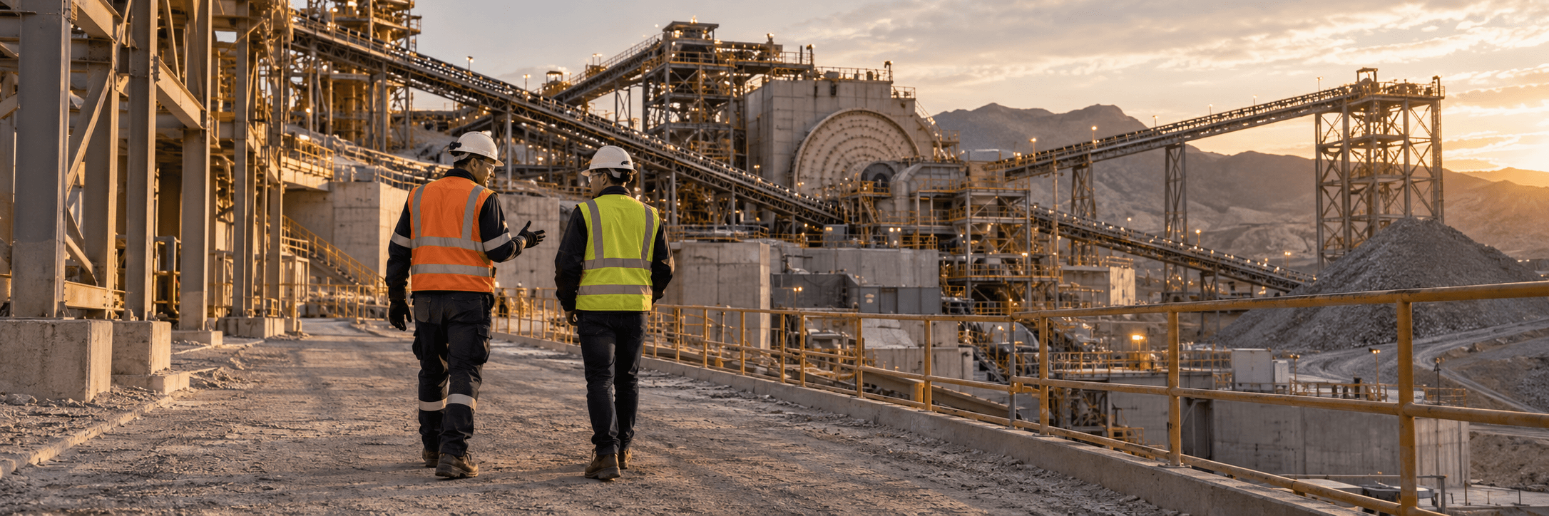 Two executives in personal protective equipment walk through a mineral processing plant
