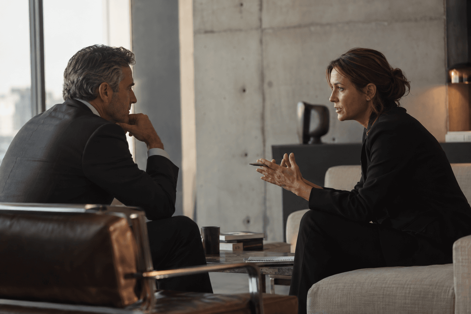 Two executives in a focused working conversation
