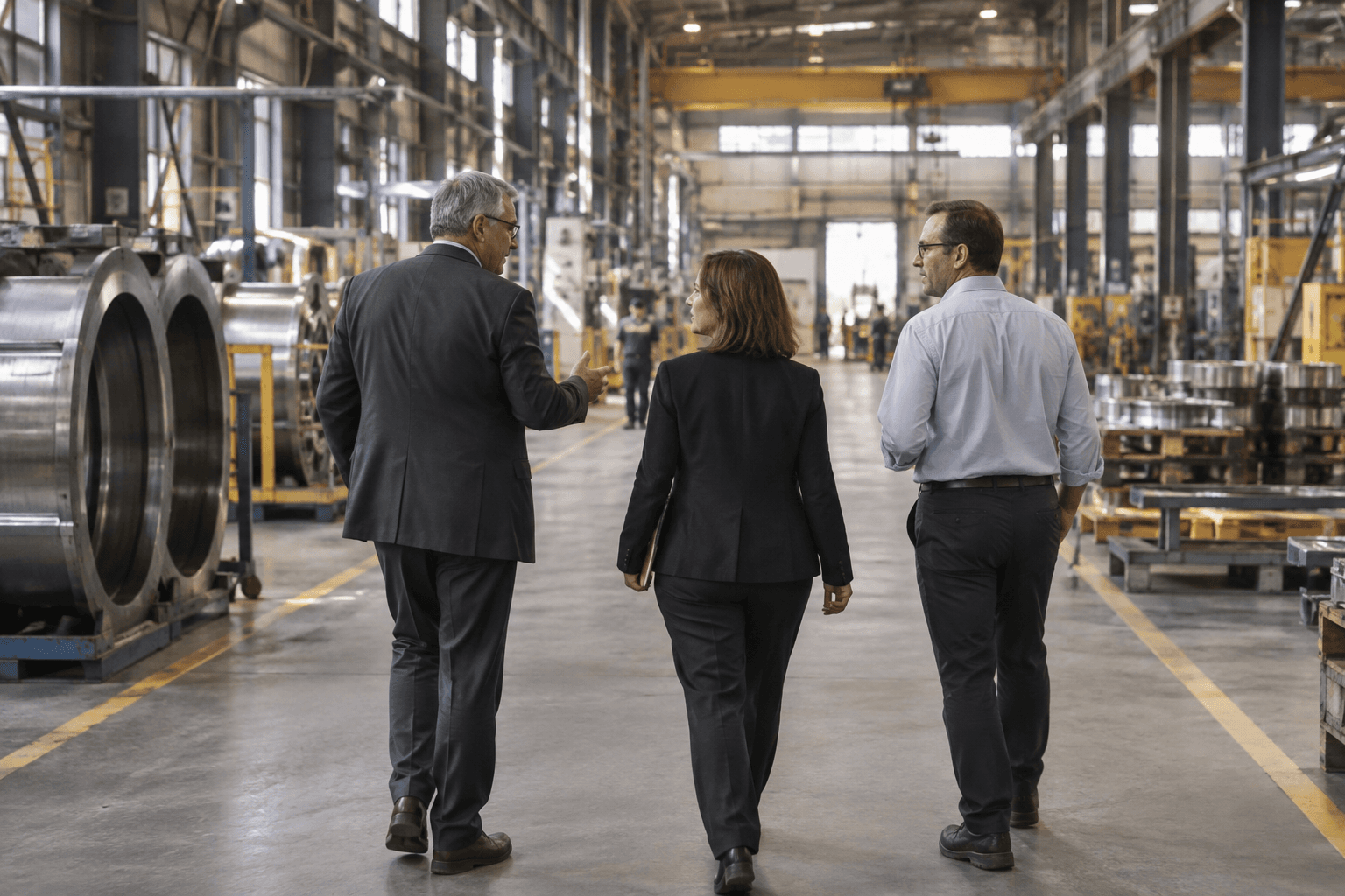 Three leaders discussing operations while walking through a factory
